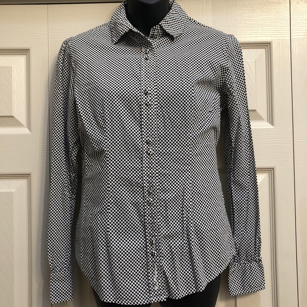 Ben Sherman Womens 100% Cotton Button-Up Blouse Shirt Black White Mini Dots Sz M